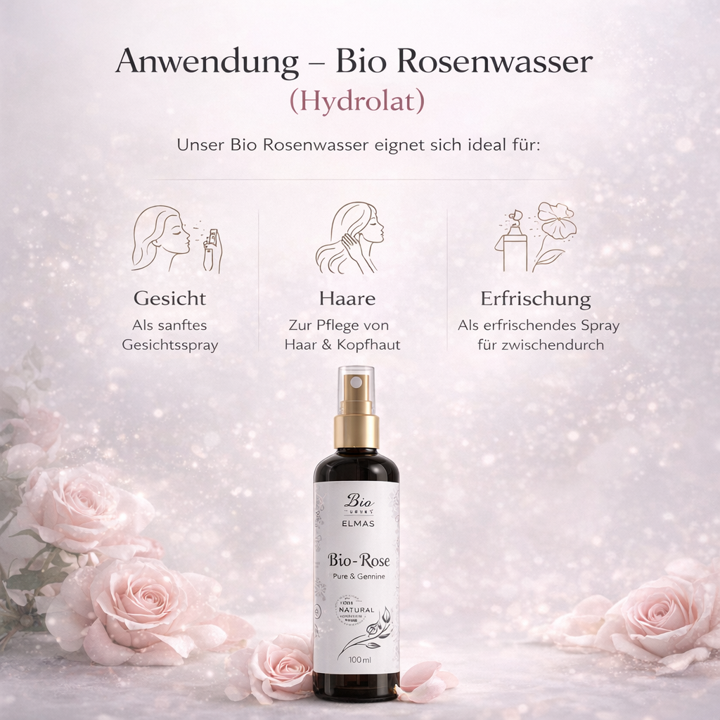 ELMAS® Bio-Rosenwasser 100 ml – 100% Bio Rosa Damascena Hydrolat