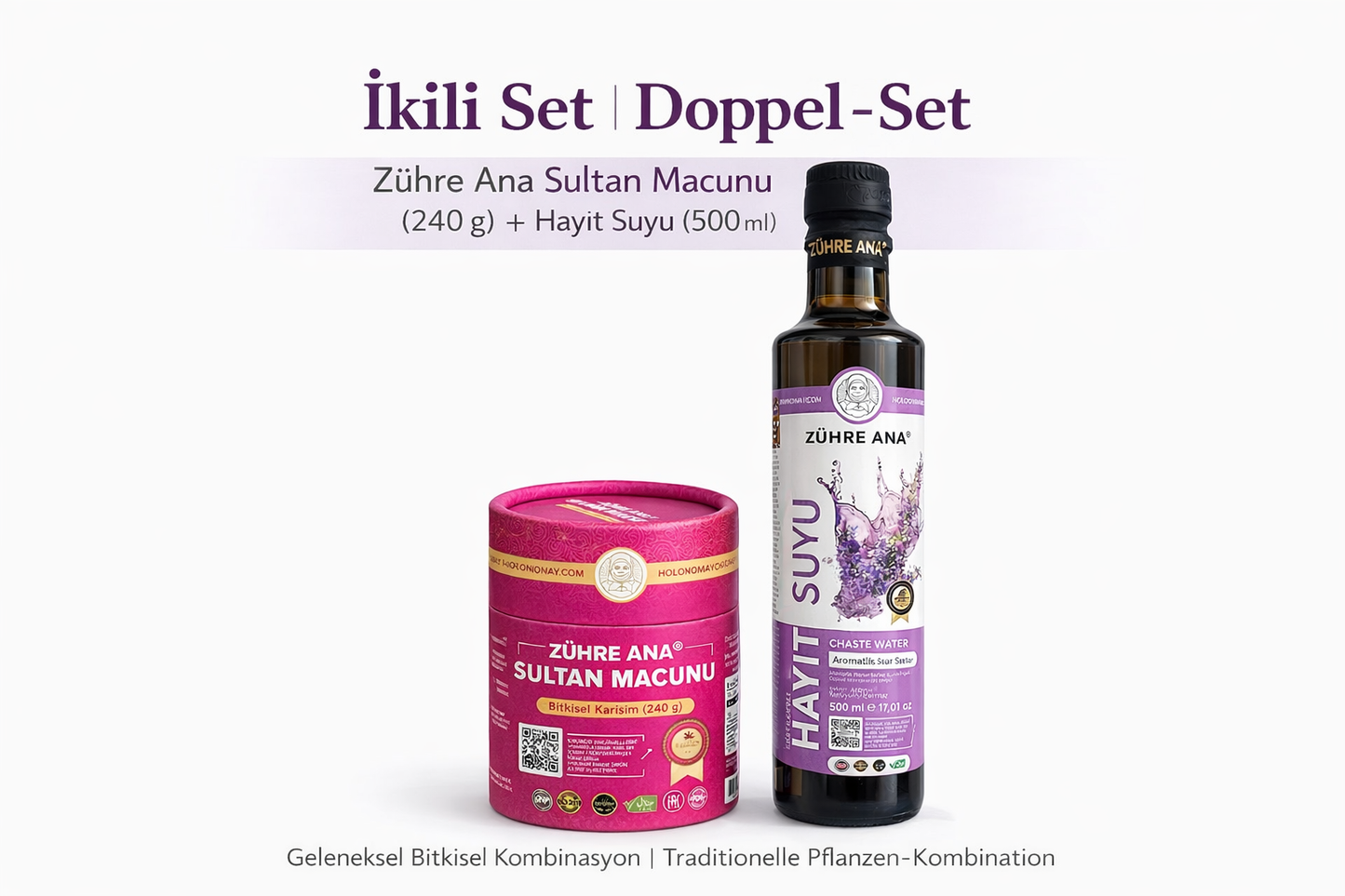 Natürliche Pflanzen-Kombination für Frauen – Mönchspfeffer (Hayıt) Wasser 500 ml & Sultan Macunu Kräutermischung 240 g
Kadınlara Özel Doğal Bitkisel Kombin – Hayıt Suyu (Mönchspfeffer) 500 ml & Sultan Macunu 240 g
