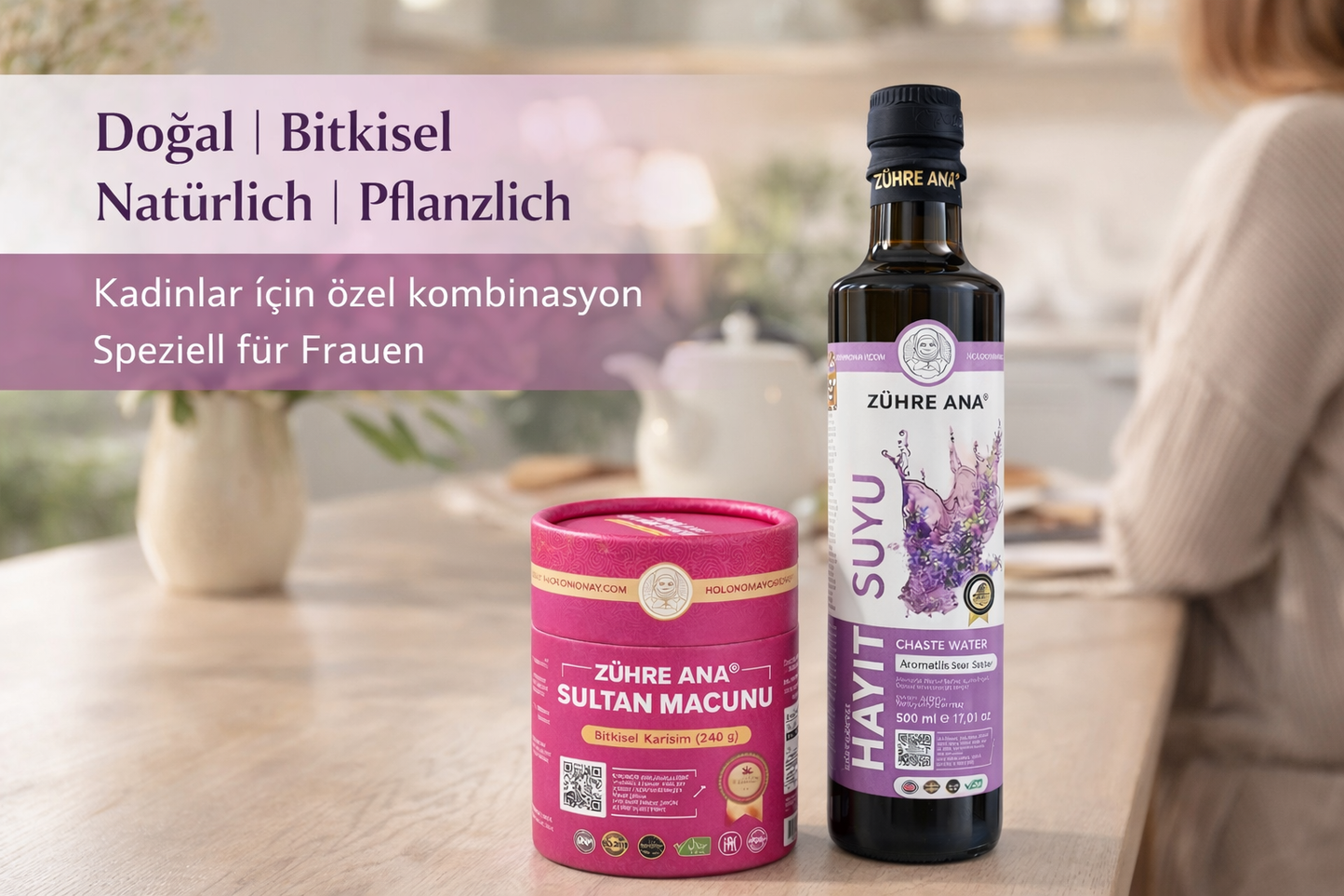 Natürliche Pflanzen-Kombination für Frauen – Mönchspfeffer (Hayıt) Wasser 500 ml & Sultan Macunu Kräutermischung 240 g
Kadınlara Özel Doğal Bitkisel Kombin – Hayıt Suyu (Mönchspfeffer) 500 ml & Sultan Macunu 240 g