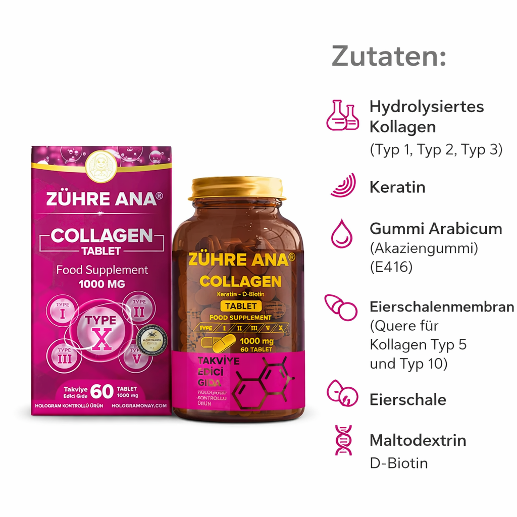 Collagen Tabletten 1000 mg – Keratin & Biotin – 60 Tabletten – Nahrungsergänzungsmittel.