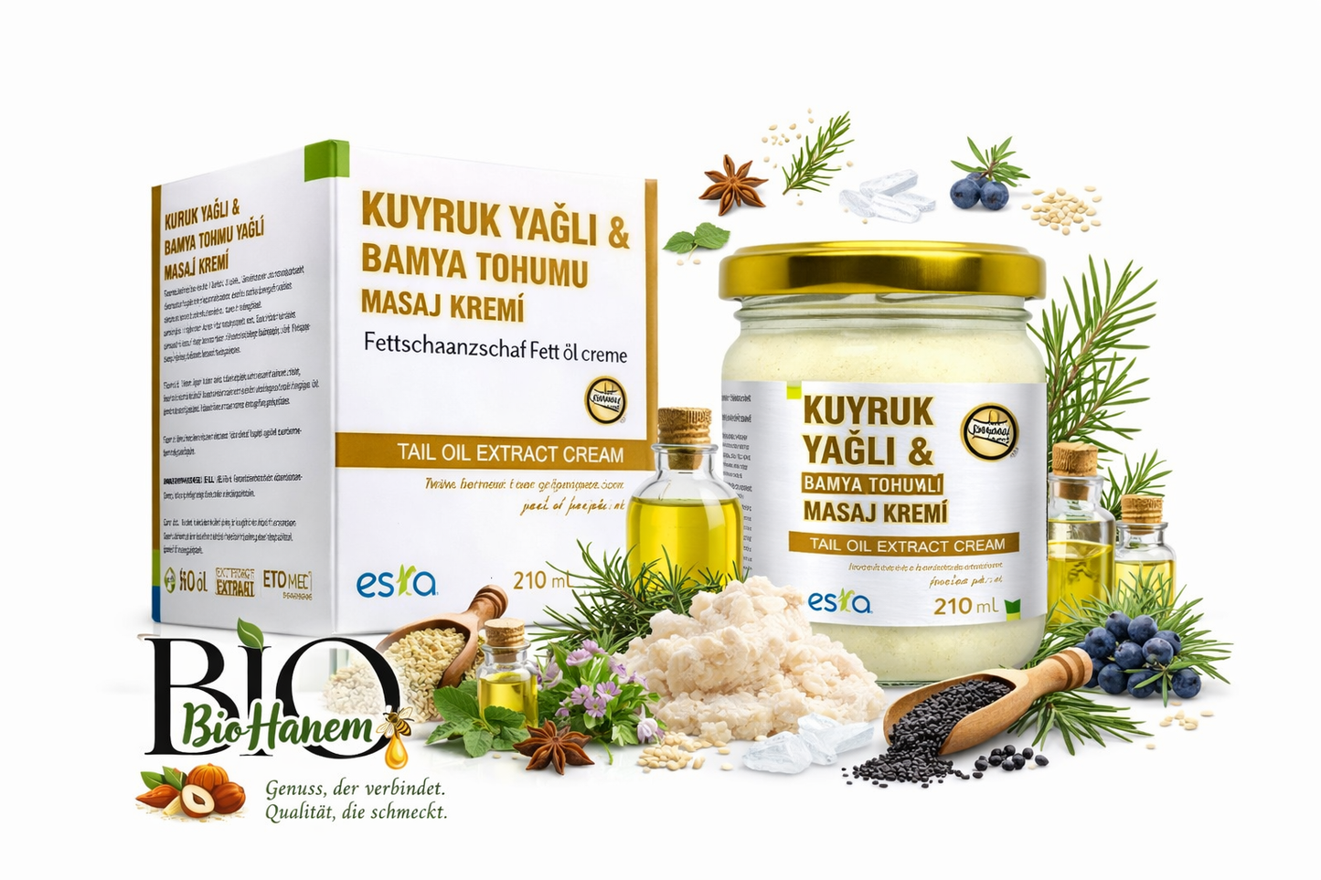 Kuyruk Yağlı & Bamya Tohumu Yağlı Masaj Kremi – 210 ml
Massagecreme mit Schwanzfett & Okrasamenöl – 210 ml
