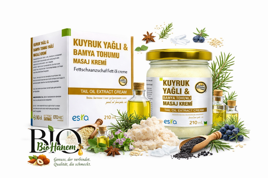Kuyruk Yağlı & Bamya Tohumu Yağlı Masaj Kremi – 210 ml
Massagecreme mit Schwanzfett & Okrasamenöl – 210 ml