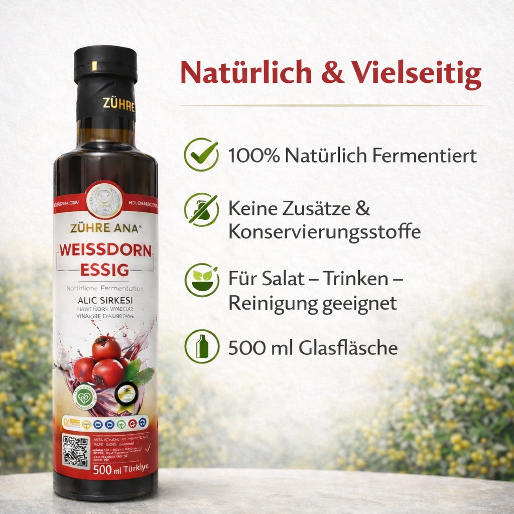 Zühre Ana Weißdorn Essig 500 ml – Natürlich fermentiert – Ohne Zusätze – Für Salat, Trinken & Haushalt